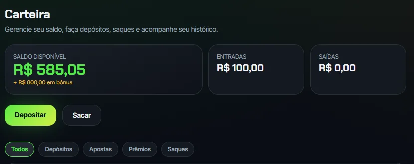 Carteira do jogador no BetFront: saldo disponível, saldo de bônus, entradas, saídas, ações de depósito e saque e filtros do extrato.