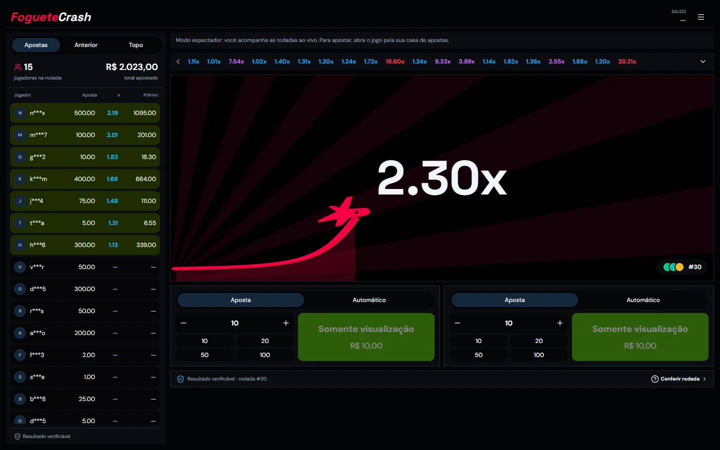 Foguete Crash em modo espectador, com curva do multiplicador, histórico de rodadas e apostas ao vivo.