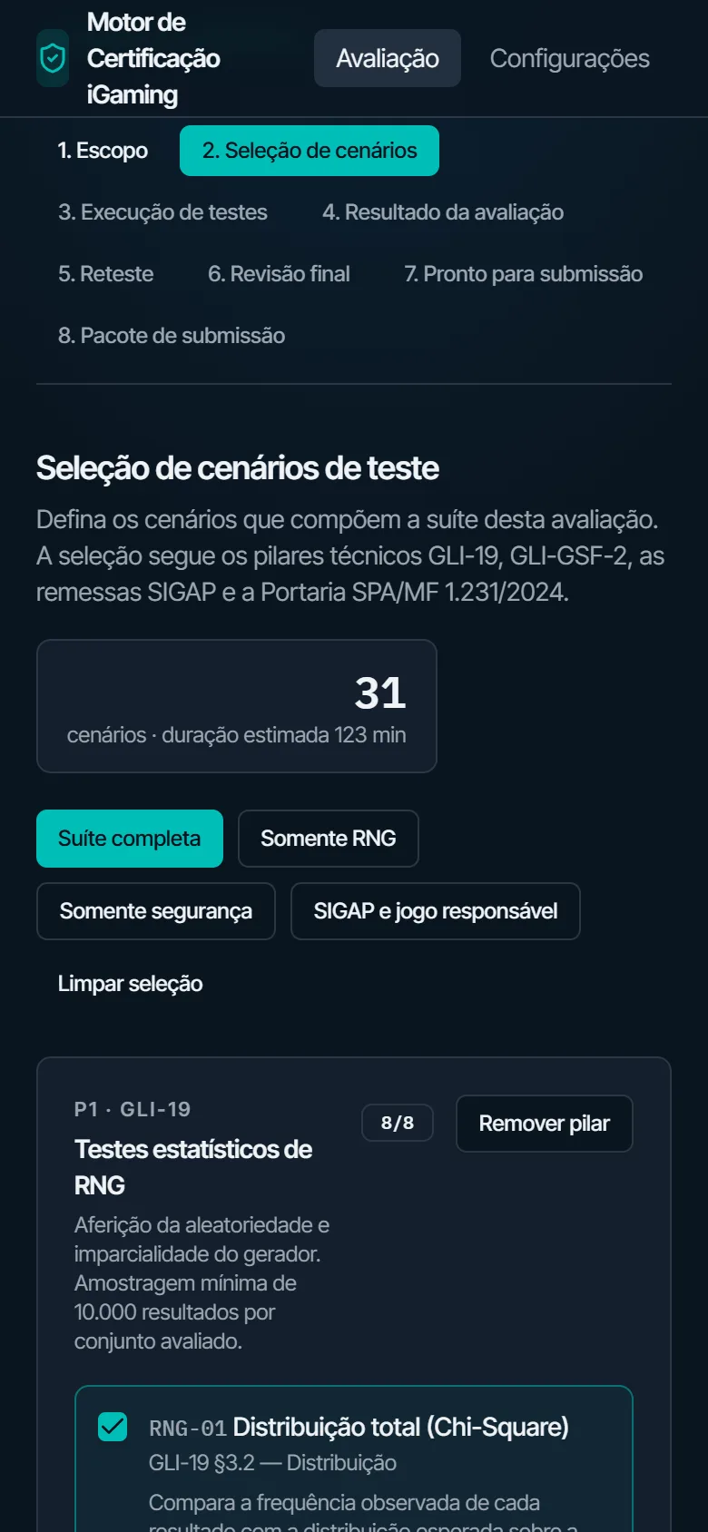 Seleção de cenários do MotorGLI em celular, com abas das etapas e presets de suíte.